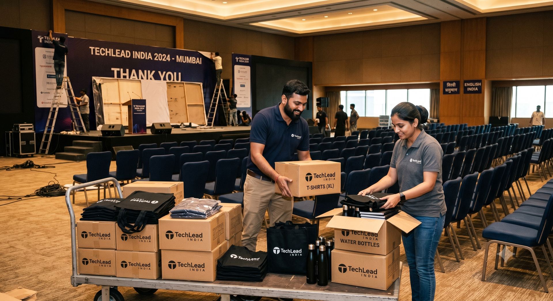 Collecting surplus merchandise at a corporate event venue