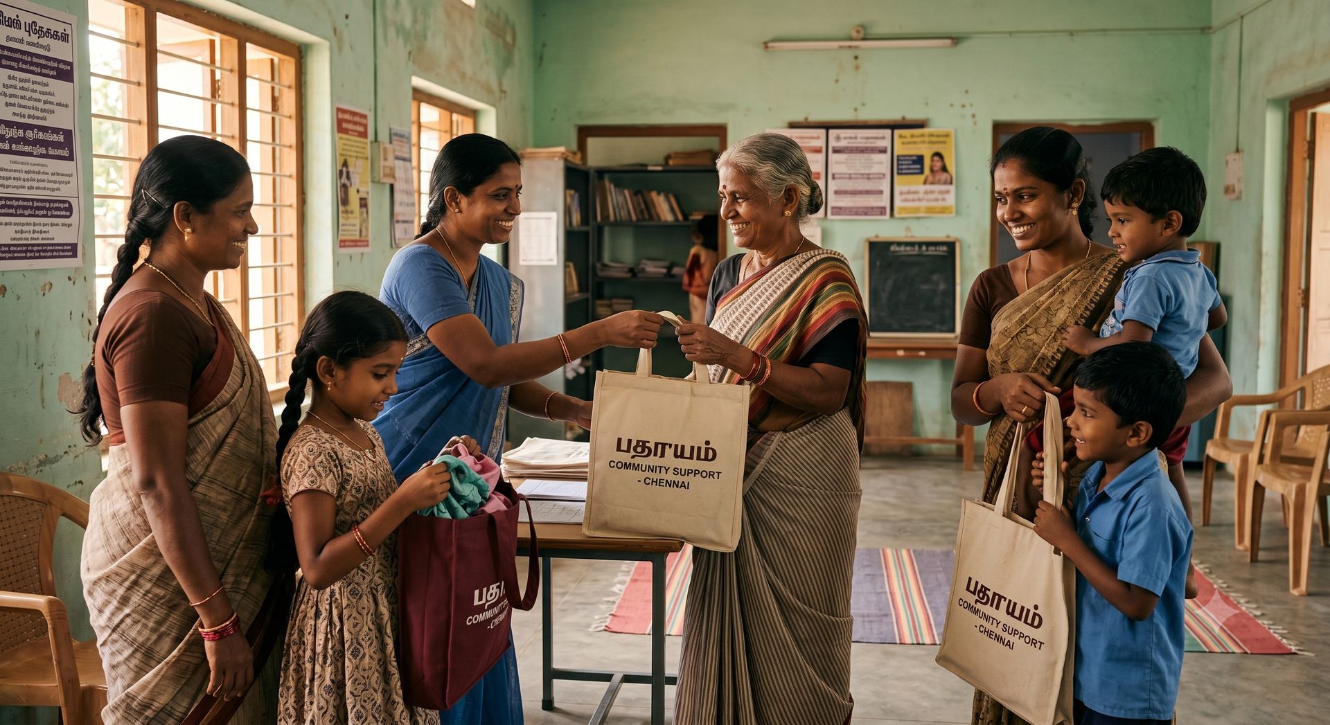 Community members receiving donated goods