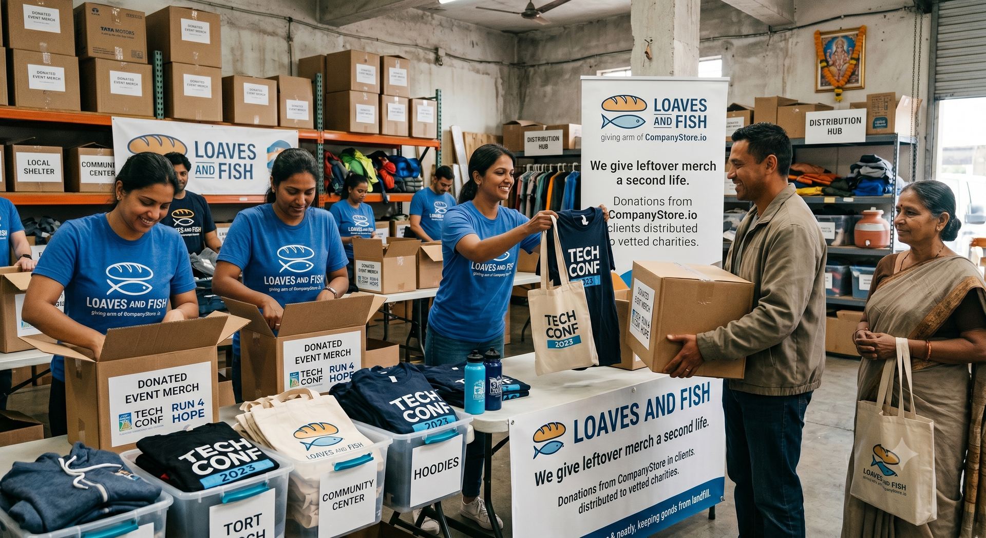 Volunteers sorting donated event merchandise at a distribution hub